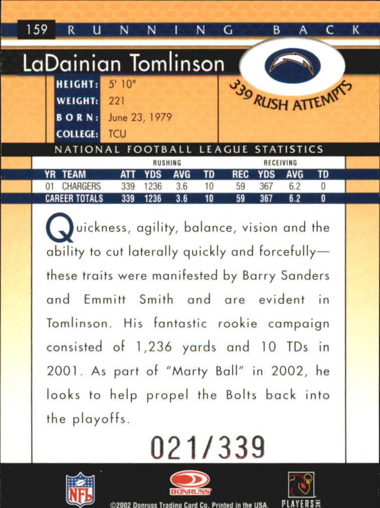 2002 Donruss Stat Line Career #159 LaDainian Tomlinson/339 back image