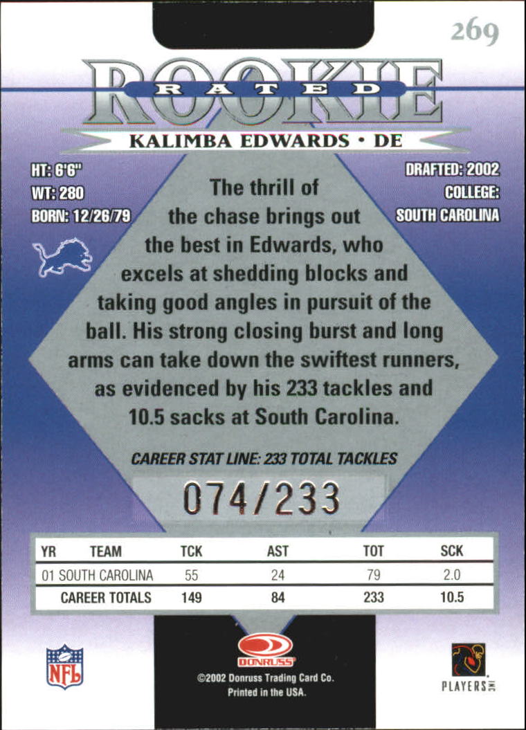 2002 Donruss Stat Line Career #269 Kalimba Edwards/233 back image