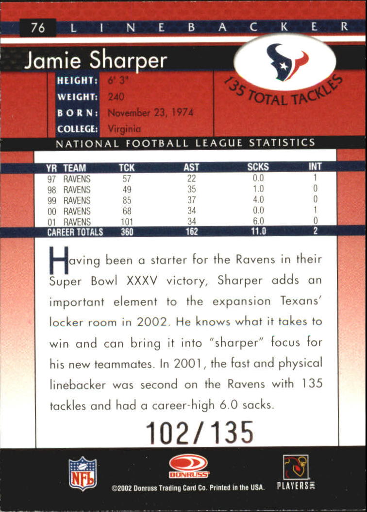 2002 Donruss Stat Line Season #76 Jamie Sharper/135 back image