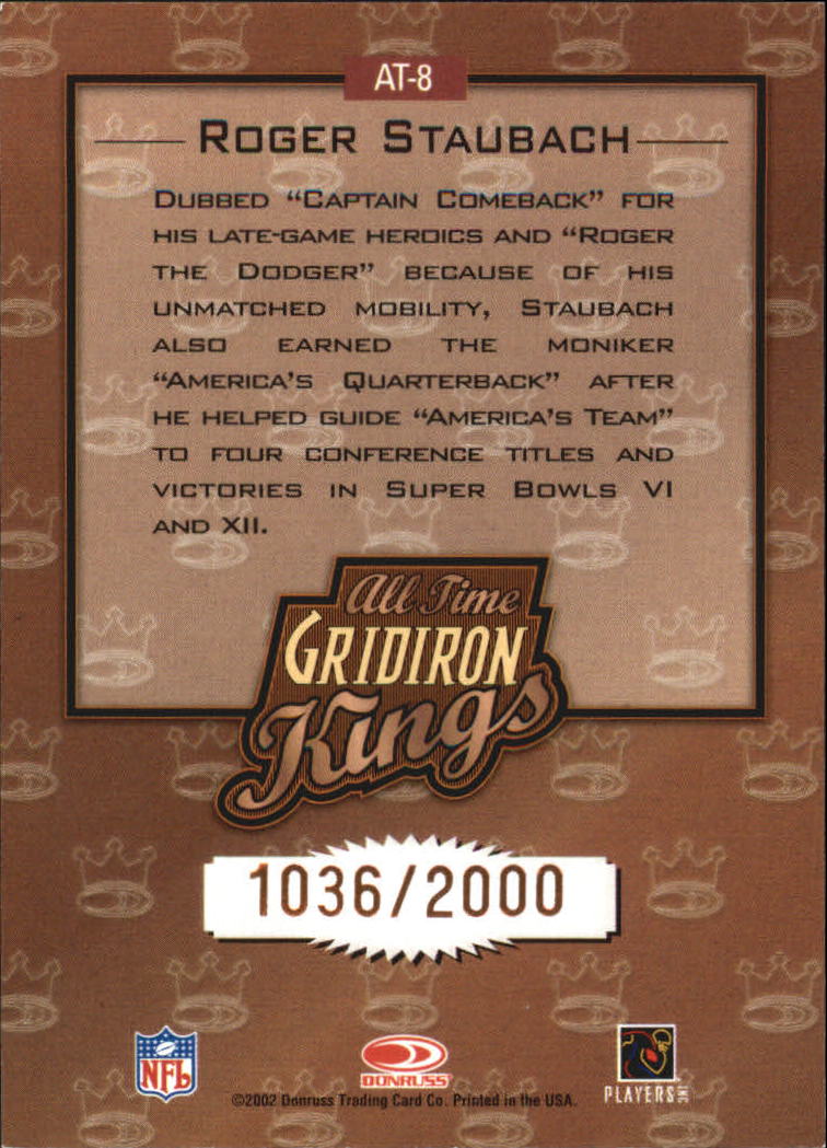 2002 Donruss All-Time Gridiron Kings #AT8 Roger Staubach back image
