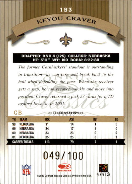 2002 Donruss Classics Football "Main Set" Cards - Picture 45 of 47