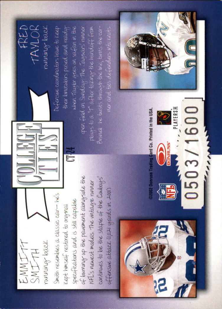 2002 Donruss Elite College Ties #CT24 Emmitt Smith/Fred Taylor back image