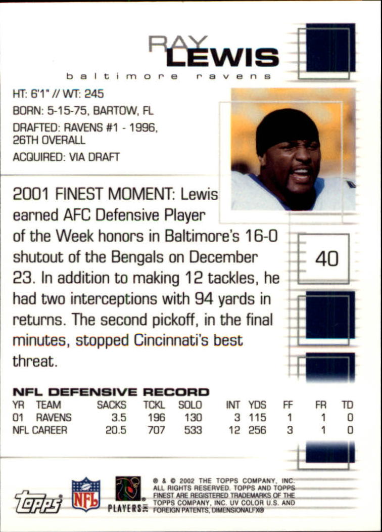 2002 Finest #40 Ray Lewis back image