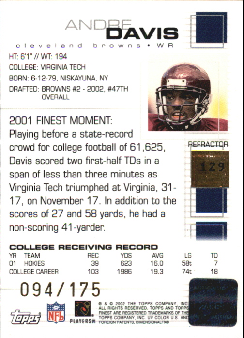 2002 Finest #129 Andre Davis AU RC back image