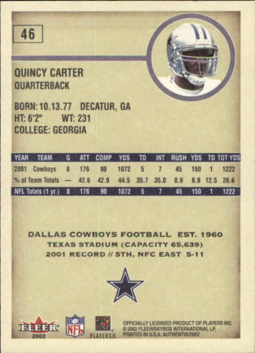 2002 Fleer Authentix #46 Quincy Carter back image