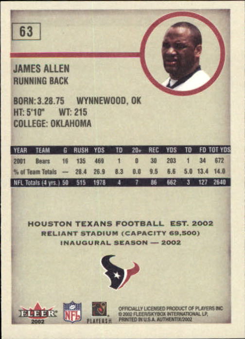 2002 Fleer Authentix #63 James Allen back image