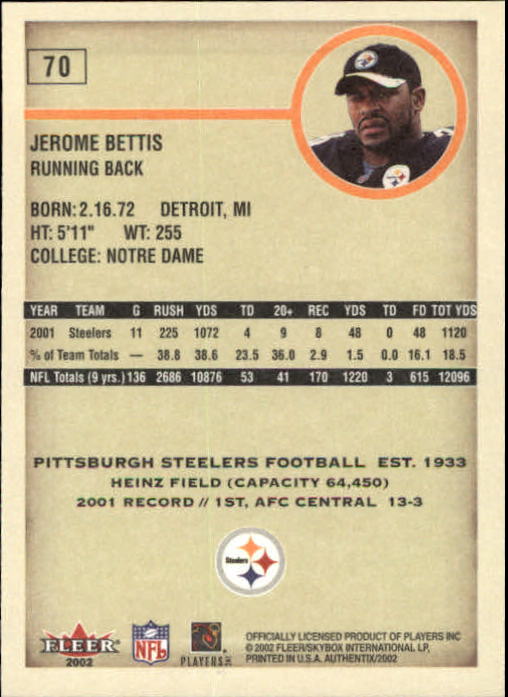 2002 Fleer Authentix #70 Jerome Bettis back image