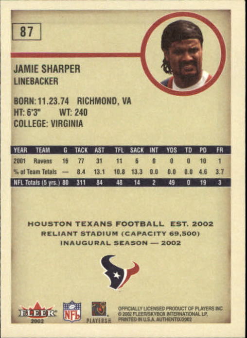 2002 Fleer Authentix #87 Jamie Sharper back image