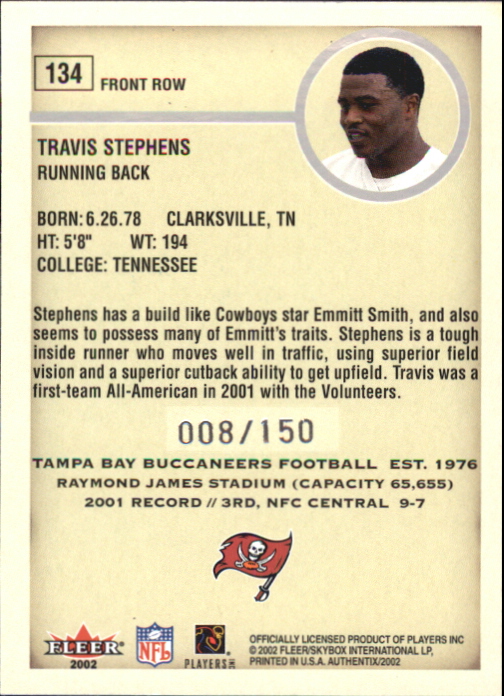 2002 Fleer Authentix Front Row #134 Travis Stephens back image