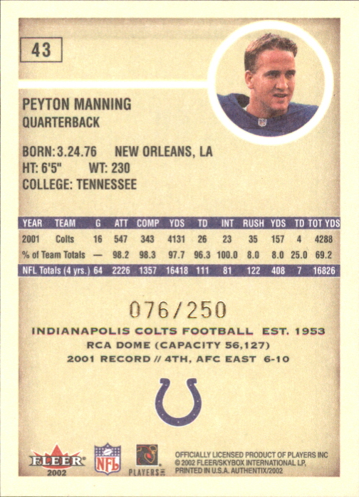 2002 Fleer Authentix Second Row #43 Peyton Manning back image