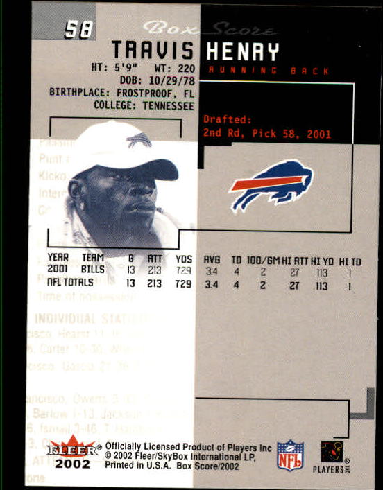 2002 Fleer Box Score #58 Travis Henry back image