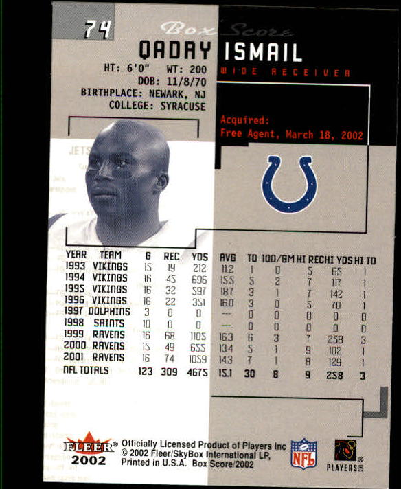 2002 Fleer Box Score #74 Qadry Ismail back image