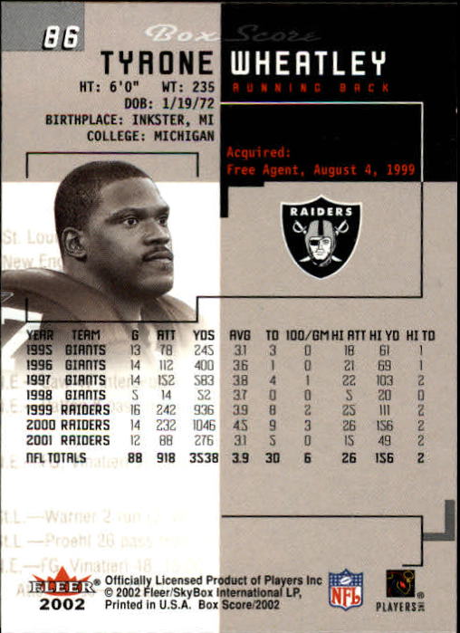 2002 Box Score (Fleer) Football "Main Set" Cards - Picture 166 of 296