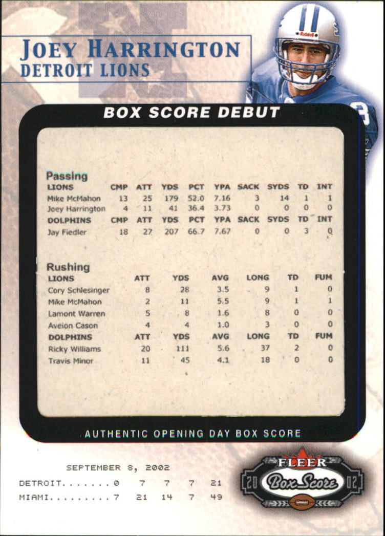 2002 Fleer Box Score Debuts #9 Joey Harrington