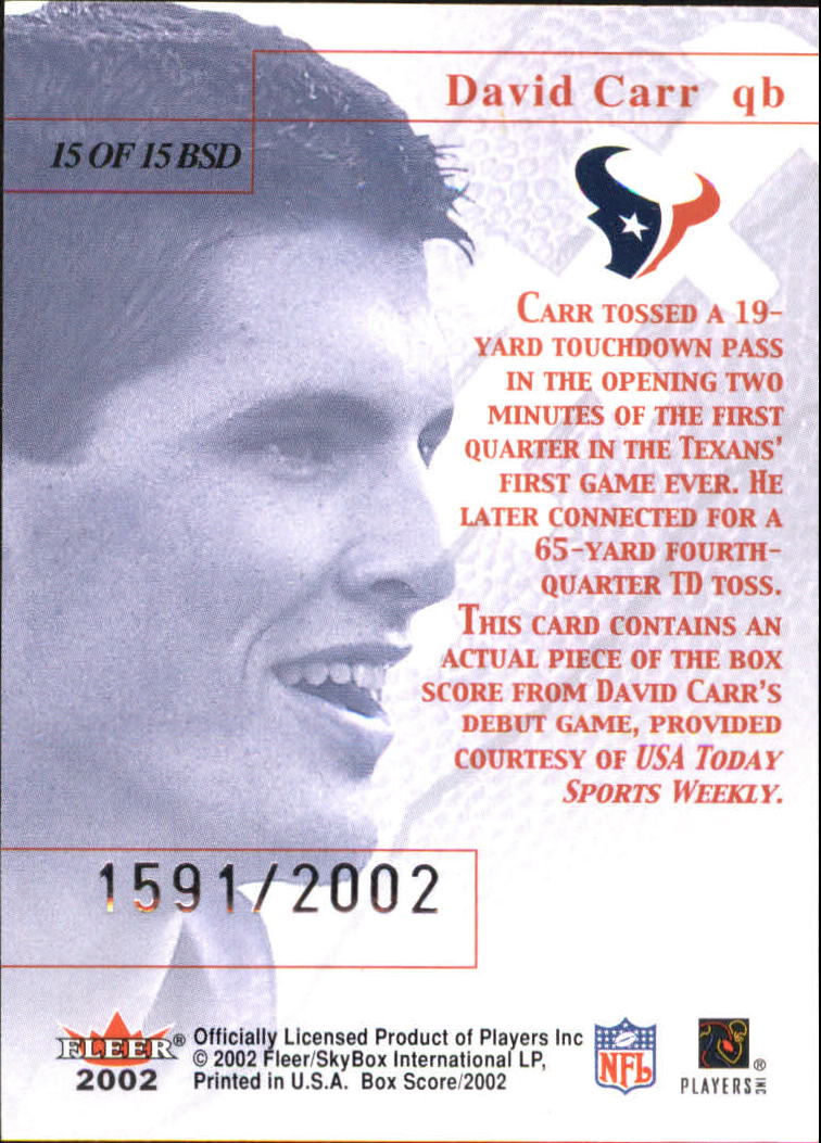 2002 Fleer Box Score Debuts #15 David Carr back image