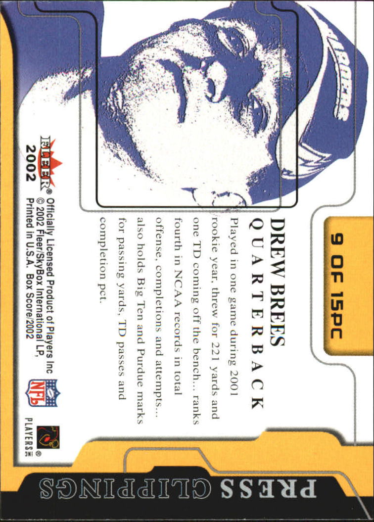 2002 Fleer Box Score Press Clippings #9 Drew Brees back image
