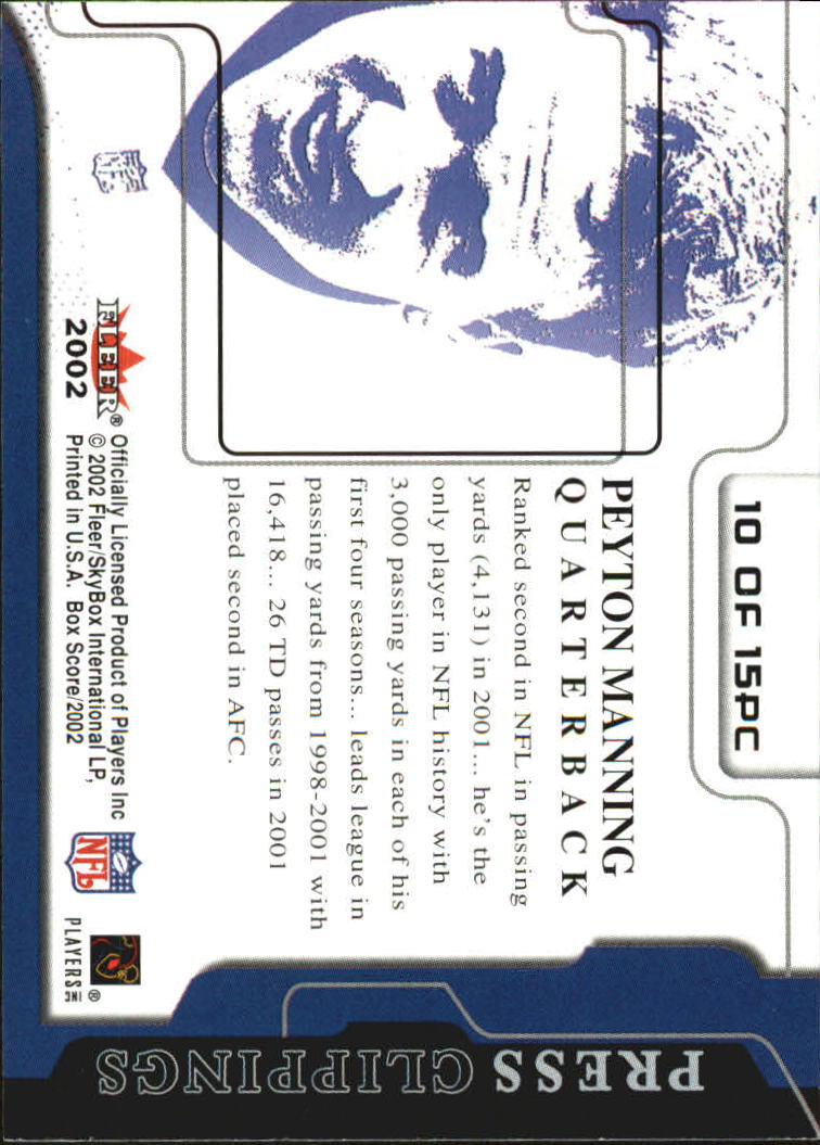 2002 Fleer Box Score Press Clippings #10 Peyton Manning back image