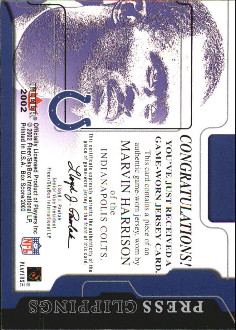 2002 Fleer Box Score Press Clippings Jerseys #5 Marvin Harrison back image
