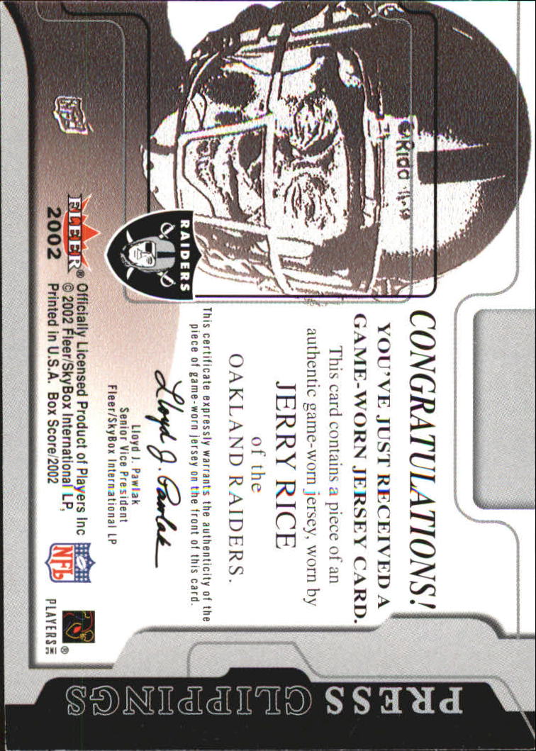 2002 Fleer Box Score Press Clippings Jerseys #9 Jerry Rice back image