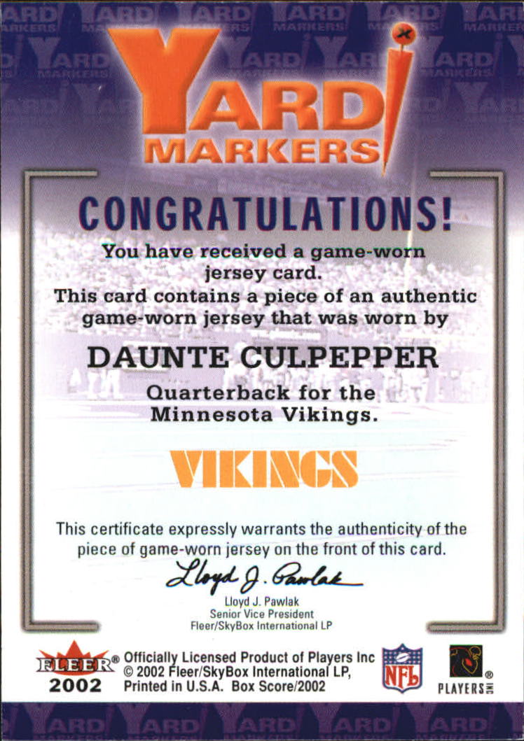 2002 Fleer Box Score Yard Markers Jerseys #4 Daunte Culpepper back image