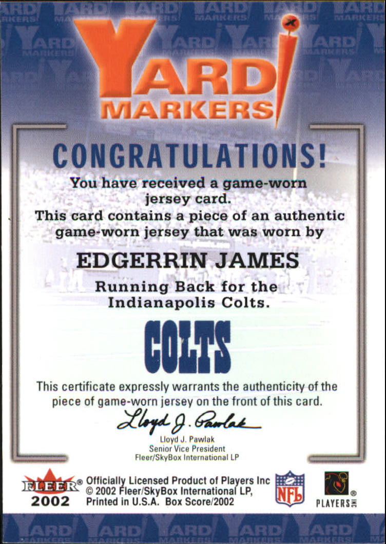2002 Fleer Box Score Yard Markers Jerseys #11 Edgerrin James back image