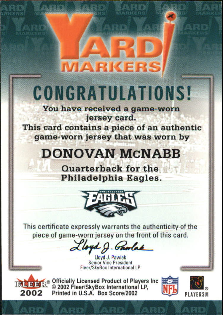 2002 Fleer Box Score Yard Markers Jerseys #13 Donovan McNabb back image