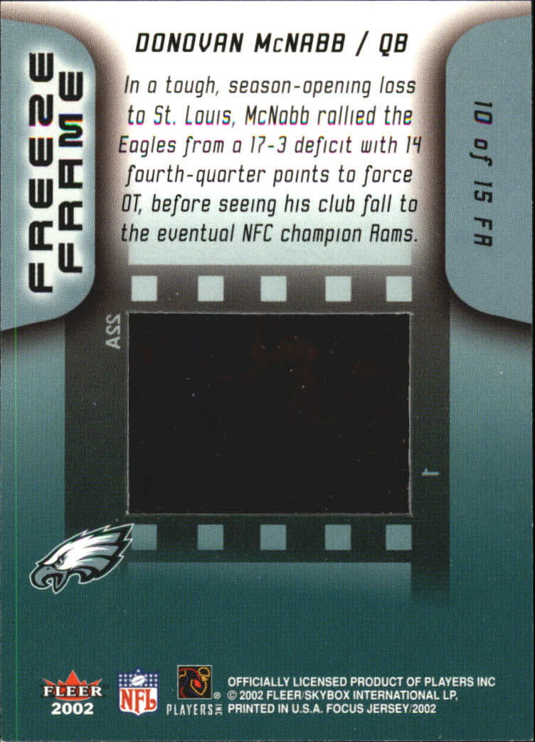 2002 Fleer Focus JE Freeze Frame #10 Donovan McNabb back image