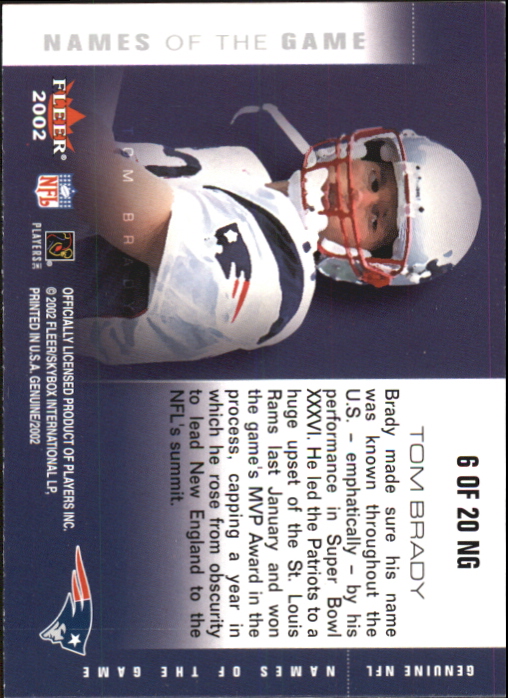 2002 Fleer Genuine Names of the Game #6 Tom Brady back image