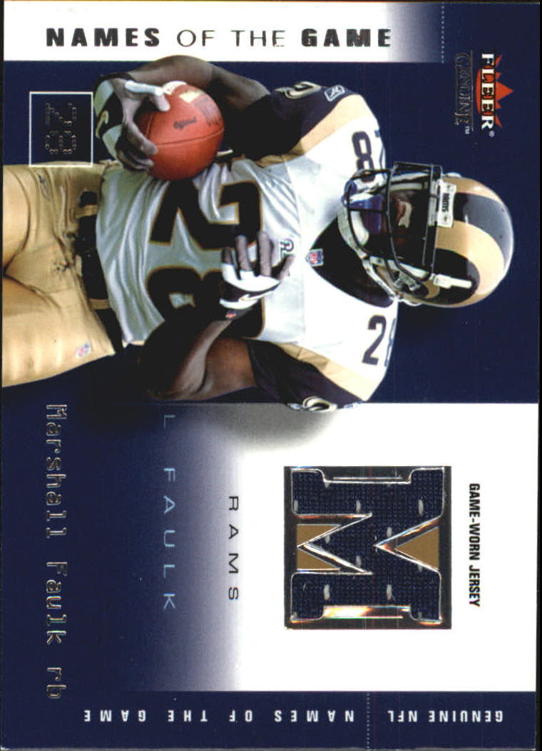 2002 Fleer Genuine Names of the Game Jerseys #8 Marshall Faulk - -  Game-Worn Jersey Card, Serial #'d/500 - NM-MT