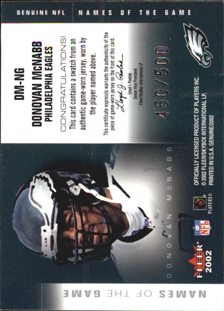 2002 Fleer Genuine Names of the Game Jerseys #13 Donovan McNabb back image