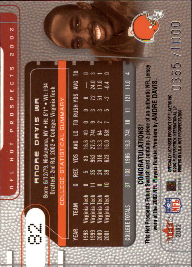 2002 Hot Prospects #82 Andre Davis JSY RC back image