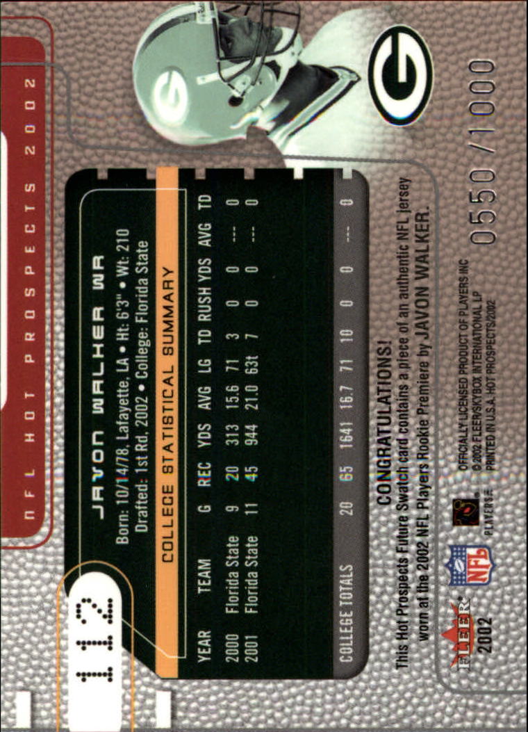 2002 Hot Prospects #112 Javon Walker JSY RC back image