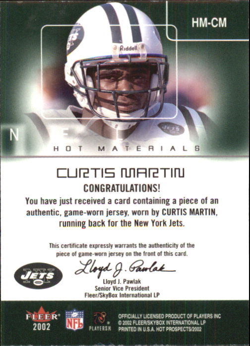 2002 Hot Prospects Hot Materials #HMCM Curtis Martin back image