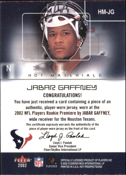 2002 Hot Prospects Hot Materials #HMJG Jabar Gaffney back image