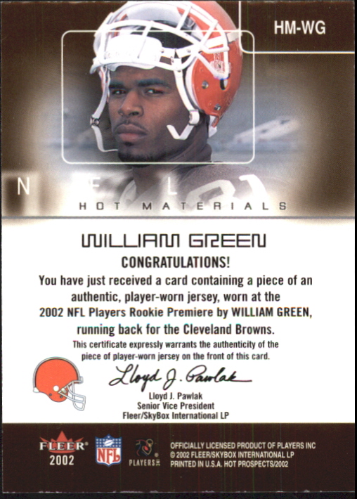 2002 Hot Prospects Hot Materials #HMWG William Green back image