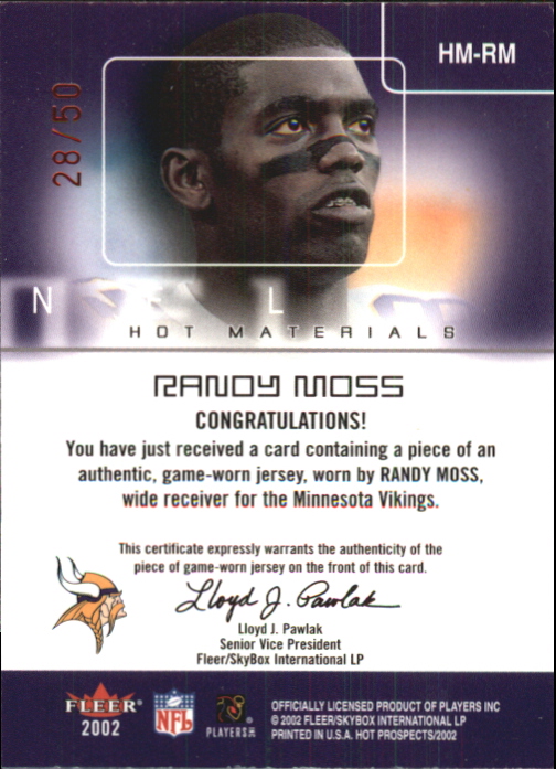 2002 Hot Prospects Red Hot Materials #HMRM Randy Moss back image