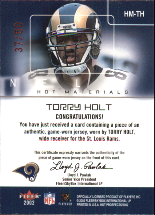 2002 Hot Prospects Red Hot Materials #HMTH Torry Holt back image
