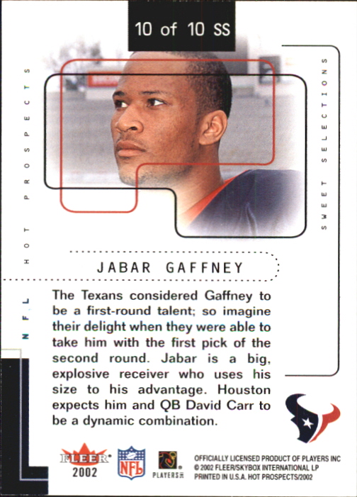 2002 Hot Prospects Sweet Selections #10 Jabar Gaffney back image