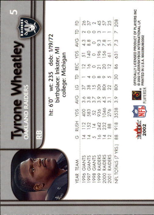 2002 Fleer Maximum #5 Tyrone Wheatley back image