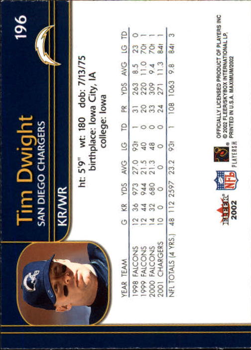 2002 Fleer Maximum #196 Tim Dwight back image