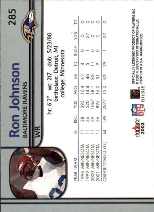 2002 Fleer Maximum #285 Ron Johnson RC back image
