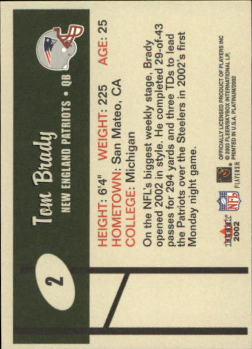 2002 Fleer Platinum #2 Tom Brady back image