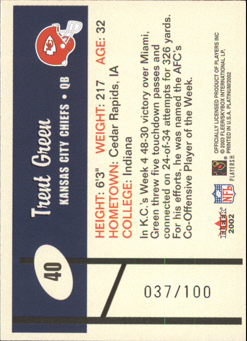2002 Fleer Platinum Finish #40 Trent Green