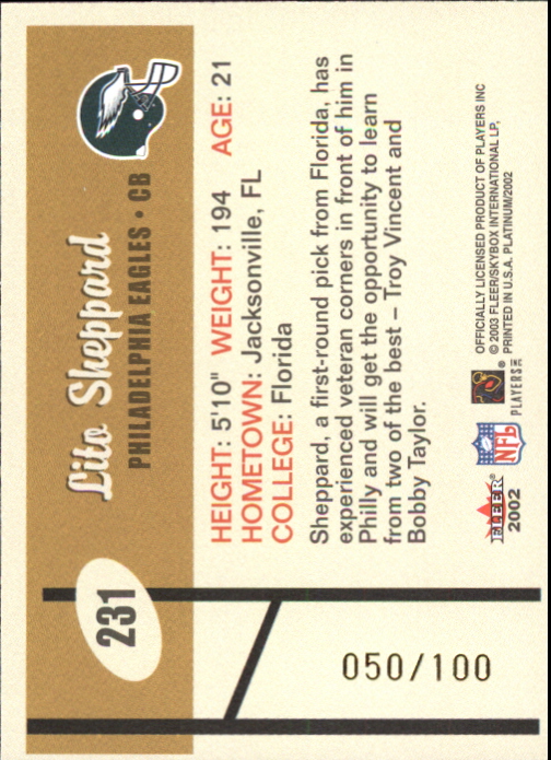 2002 Fleer Platinum Finish #231 Lito Sheppard