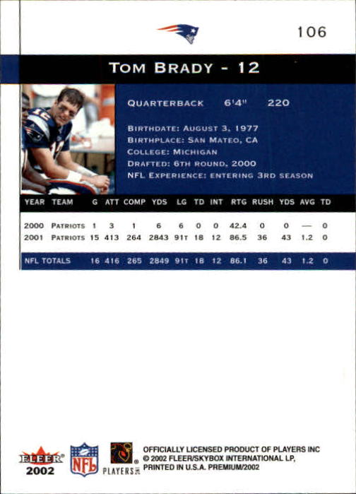 2002 Fleer Premium #106 Tom Brady back image