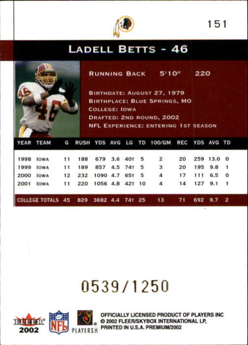 2002 Premium (Fleer) Football "Main Set" Cards - Picture 141 of 177