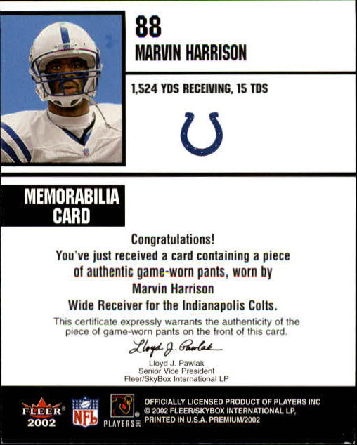 2002 Fleer Premium Fantasy Team Memorabilia #5 Marvin Harrison Pants