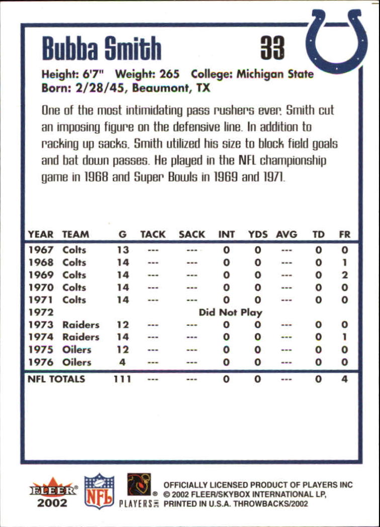 2002 Fleer Throwbacks #33 Bubba Smith back image
