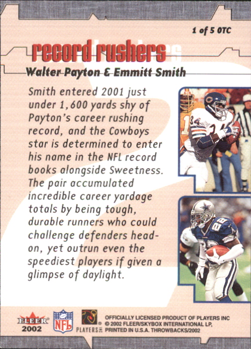 2002 Fleer Throwbacks On 2 Canton #1 Walter Payton/Emmitt Smith back image