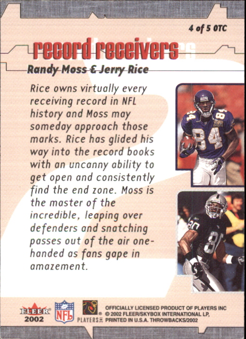 2002 Fleer Throwbacks On 2 Canton #4 Randy Moss/Jerry Rice back image